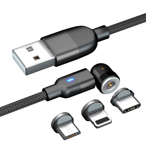 3in1 mágneses USB töltőkábel IPhone Lighting,Micro USB,USB Type-C 100cm fekete 360°