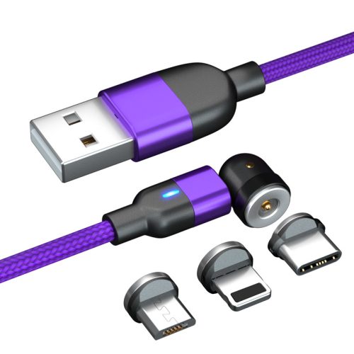 3in1 mágneses USB töltőkábel IPhone Lighting,Micro USB,USB Type-C 100cm fekete 360° - Lila