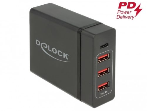 Delock USB töltő 1 db USB Type-C  PD + 3 db USB A-típusú 60 W