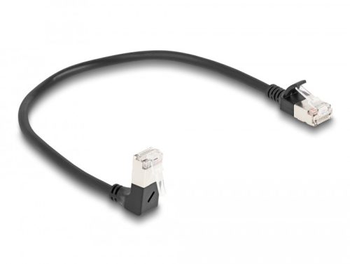 Delock RJ45 hálózati kábel Cat.6A S/FTP vékony 90  fokban lefelé hajló / egyenes 0,25 m fekete