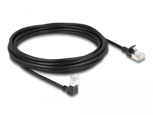 Delock RJ45 hálózati kábel Cat.6A S/FTP vékony 90  fokban lefelé hajló / egyenes 5 m fekete
