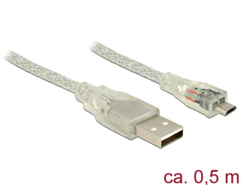 Delock USB 2.0-s kábel A-típusú csatlakozódugóval > USB 2.0 Micro-B csatlakozódugóval, 0,5 m, áttets