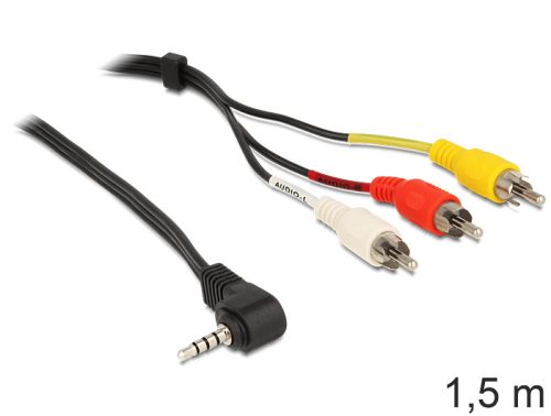 Delock kábel sztereo jack 3.5 mm 4 pin apa, forgatott > 3 x RCA apa, 1,5 m