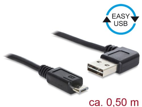 Delock Kábel, EASY-USB 2.0-s A- típusú csatlakozódugó, ívelt bal / jobb > USB 2.0-s Micro-B-típusú c
