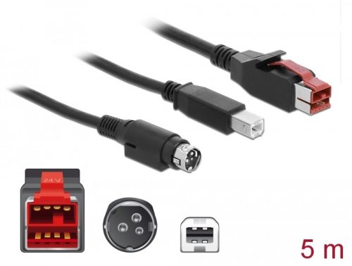 Delock PoweredUSB kábel apa 24 V > B-típusú USB apa + Hosiden Mini-DIN 3 tűs apa 5 m, POS nyomtatókh