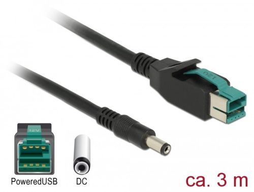 Delock PoweredUSB kábel apa 12 V > DC 5,5 x 2,1 mm apa 3 m, POS nyomtatókhoz és csatlakozókhoz