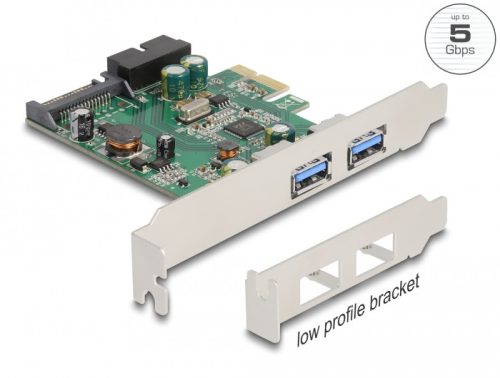 Delock PCI Express x1 Kártya - 2 x külső USB 3.2 Gen 1 A-típusú USB csatlakozó + 1 x belső 19 tűs USB tű fejes apa - alacsony profilú formatényező
